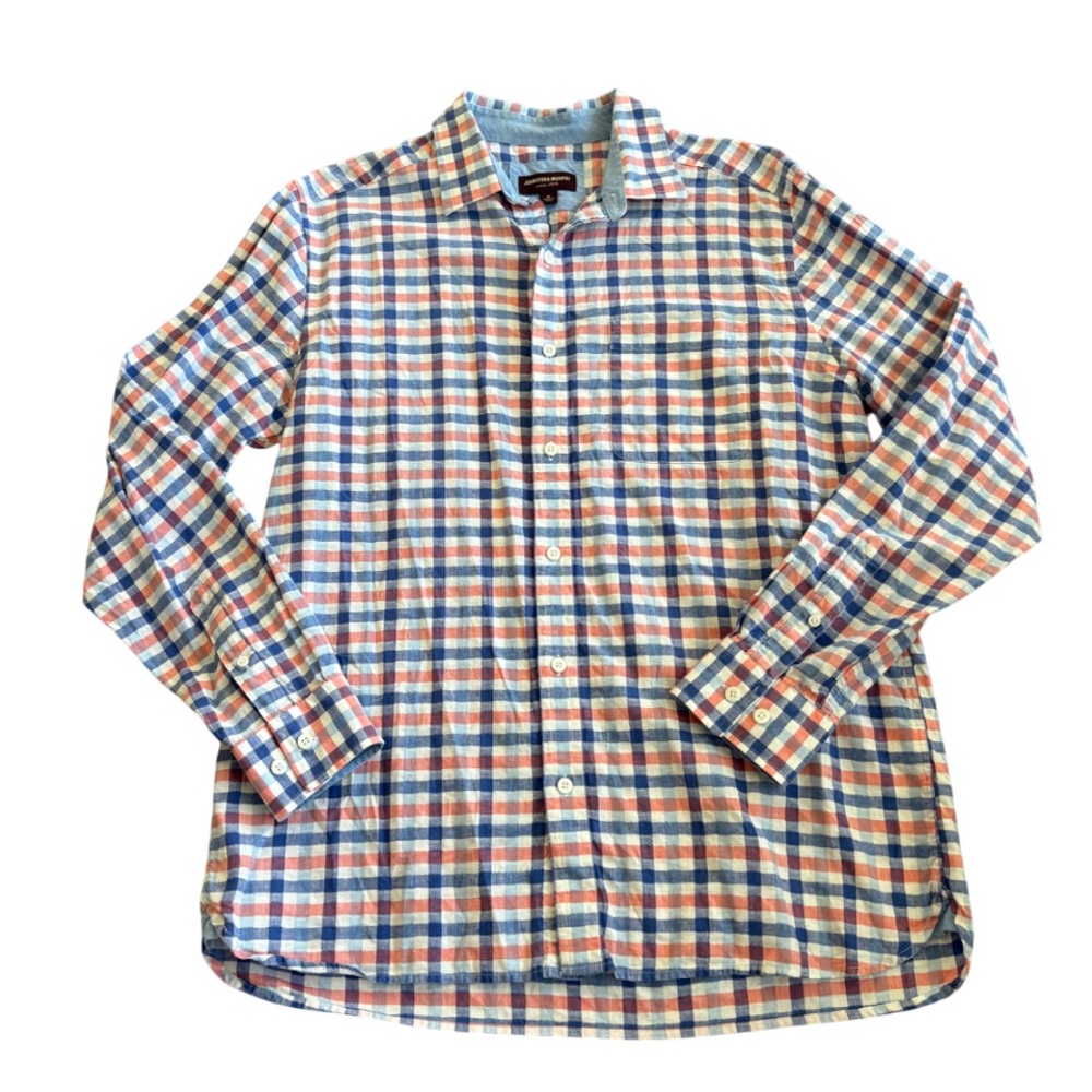 Johnston & Murphy Linen Cotton Blend Plaid Button Up Long Sleeve Shirt